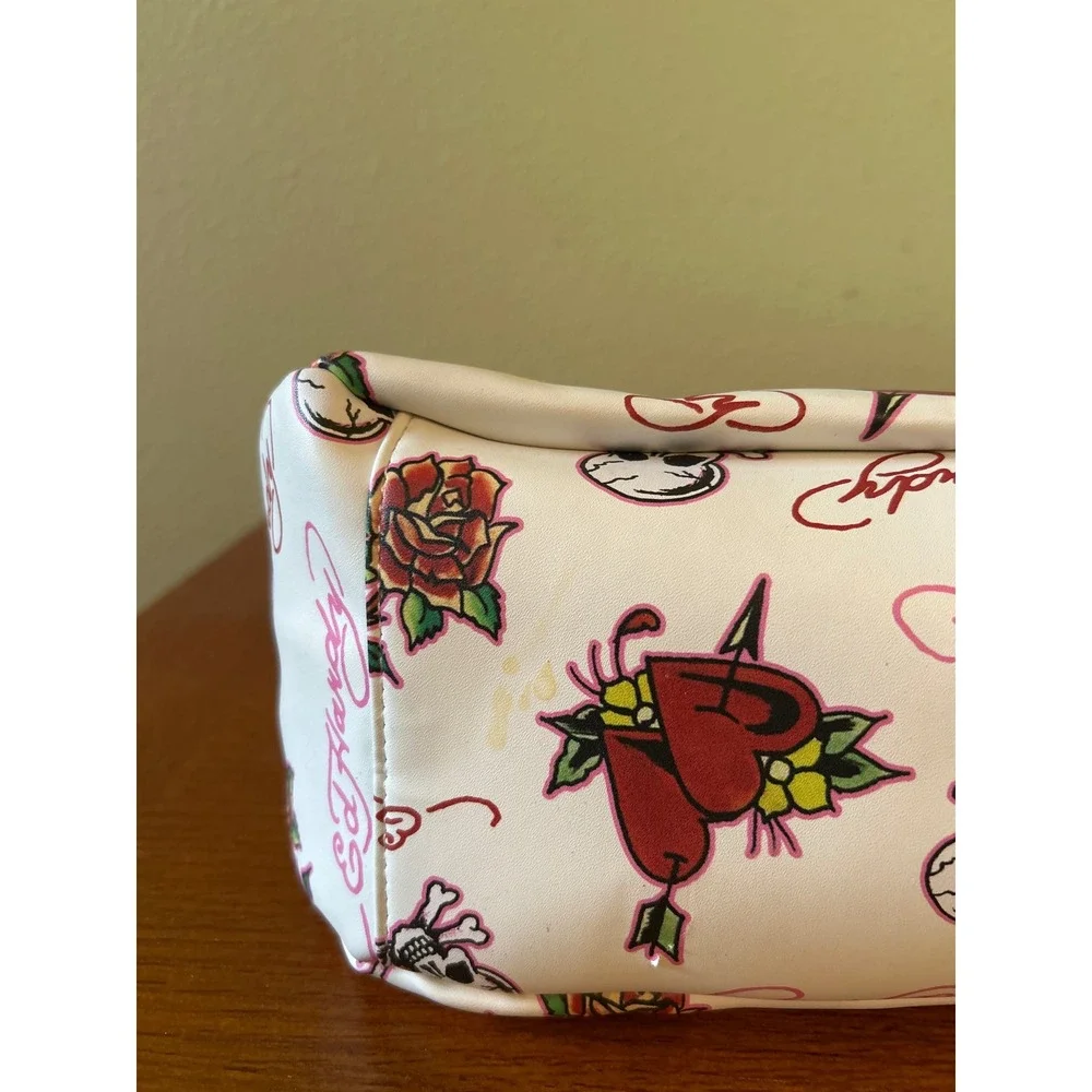 Ed Hardy Tattoo Print Shoulder Bag White Skull Rose Heart Y2K Satchel Tote